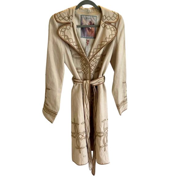 BIYA Collection Silk Linen Blend Embroidered Belted Coat Jacket Size S - Picture 1 of 9